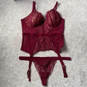 Adore Me Maroon Mesh and Lace Garter Corset with G-string Underwear 38D XL